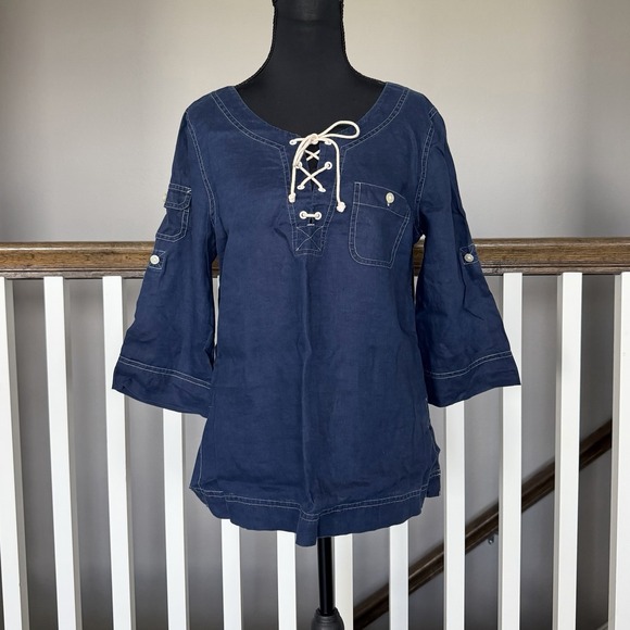 Lauren Jeans Co. Tops - Ralph Lauren Jean Company 100% Linen Drawstring Roll Sleeve Tab Top MP Coastal